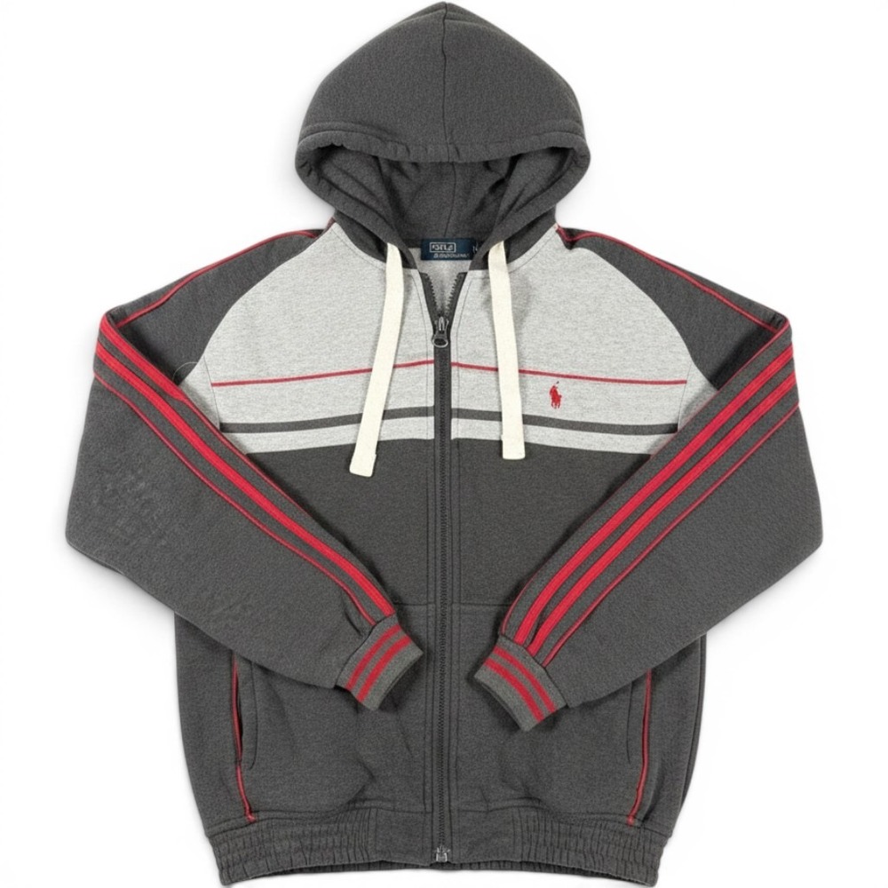 Vintage Polo Ralph Lauren Zip Hoodie Mens Medium Grey Red Stripe Colorblock Rare